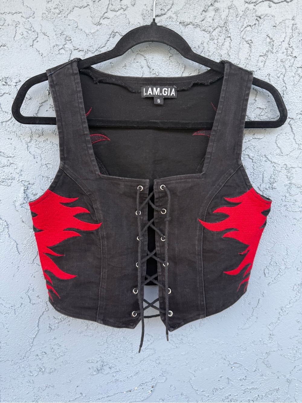 I.AM.GIA Black Denim Lotta Lace-Up Crop Top  Embroidered Red Flame Sides S